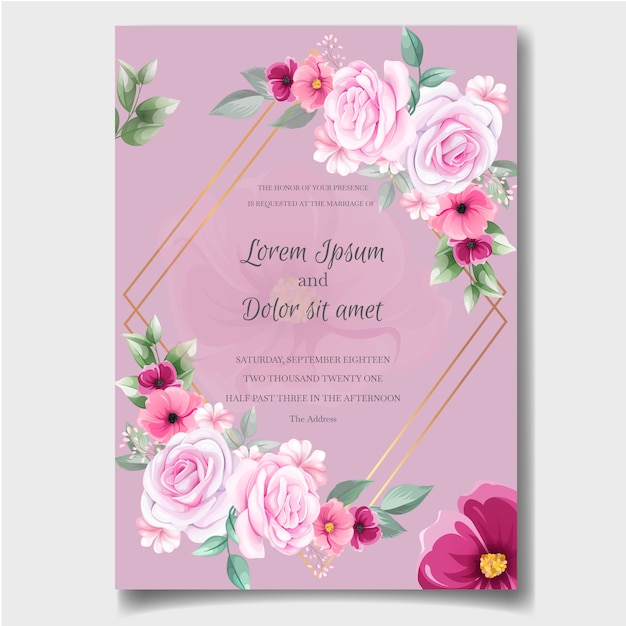 Modèle De Carte D'invitation De Mariage Romantique Avec Rose, Fleurs De Cosmos Et Feuilles