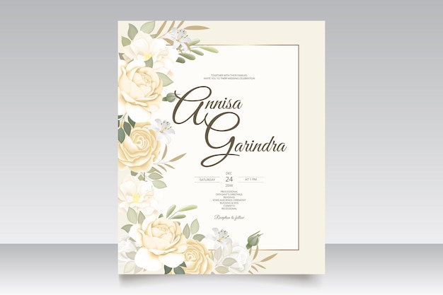 Modèle De Carte D'invitation De Mariage Romantique Sertie De Belles Feuilles Florales Vecteur Premium