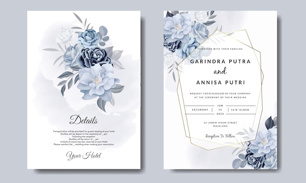 Modèle de carte d'invitation de mariage romantique sertie de feuilles florales bleues