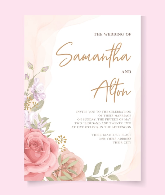 Modèle de carte d'invitation de mariage de roses romantiques
