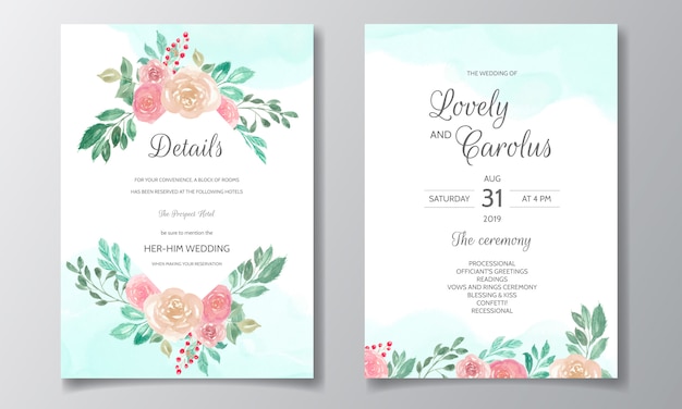 Modèle de carte d'invitation de mariage serti d'aquarelle floral et feuilles rose tendre