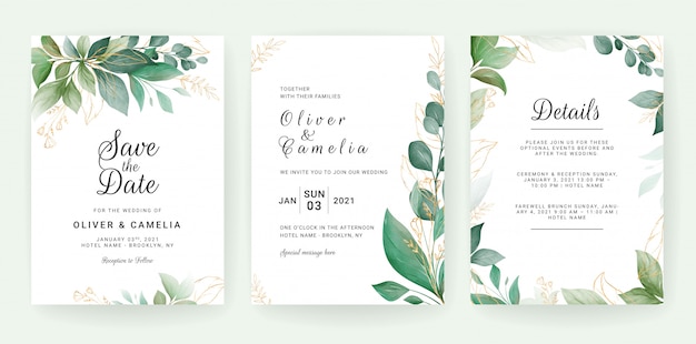 Modèle de carte d'invitation de mariage sertie de bordure de feuilles.