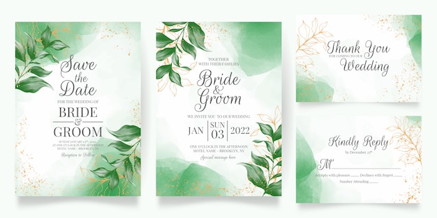 Modèle de carte d'invitation de mariage sertie de décoration de feuilles aquarelle