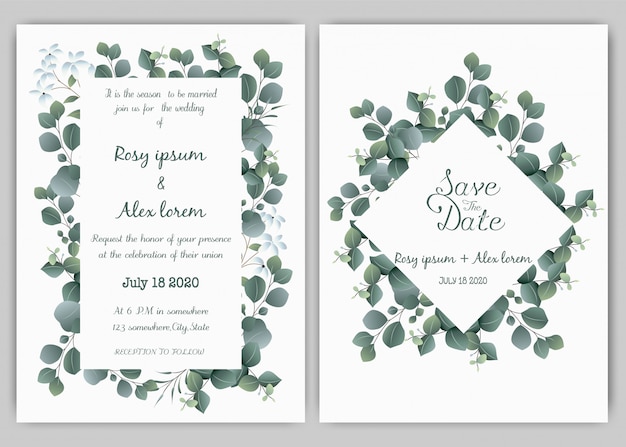 Vecteur modèle de carte invitation de mariage verdure, eucalyptus
