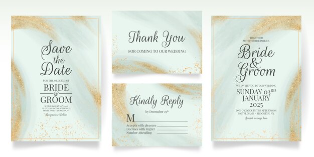 Modèle De Carte D'invitation De Mariage Verdure Sertie De Feuilles D'aquarelle Paillettes D'or