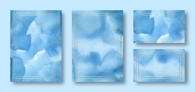 Modèle De Carte De Mariage Aquarelle Bleu élégant Avec Cadre Doré