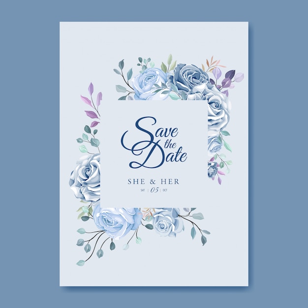 Modèle De Carte De Mariage Avec Une Belle Couronne Florale Bleue