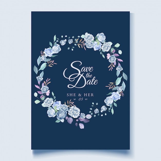 Modèle De Carte De Mariage Avec Une Belle Couronne Florale Bleue