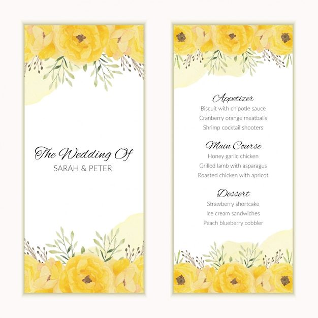 Modèle De Carte De Menu Avec Décoration Florale Jaune Aquarelle