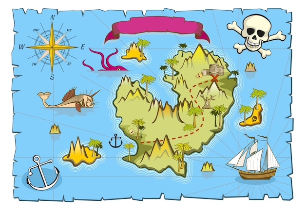 Modèle De Carte Pirate île Au Trésor En Mer Bleue