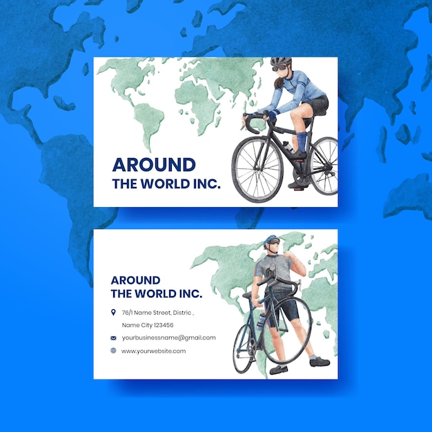 Vecteur modèle de carte de visite avec le concept de la journée mondiale de la bicyclette, style aquarelle