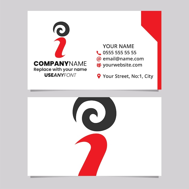 Vecteur modèle de carte de visite rouge et noir avec l'icône du logo swirly letter i