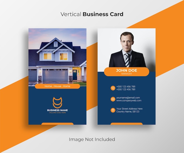 Vecteur modèle de carte de visite vertical professionnel élégant pour l'immobilier d'entreprise avec la couleur orange