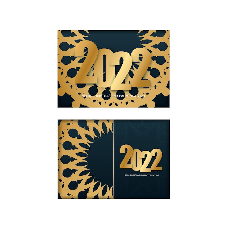 Vecteur modèle de carte de voeux 2022 joyeux noël et bonne année en bleu foncé avec motif doré de luxe