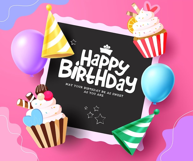 Modèle de carte de vœux d'anniversaire avec le texte des vœux et des souhaits dans un cadre noir