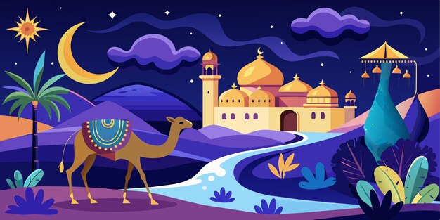 modèle de carte de vœux d'Eid Mubarak illustrer la nuit