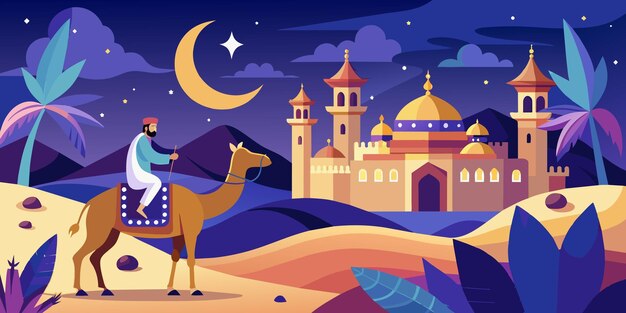 Vecteur modèle de carte de vœux d'eid mubarak illustrer la nuit