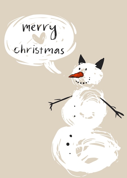 Modèle De Carte De Voeux Joyeux Noël Abstrait Vectoriel Dessiné à La Main Avec Un Joli Personnage De Bonhomme De Neige Blanc Et Une Phase De Calligraphie Moderne Merry Christmashappy New Year Et Merry Christmas Concept