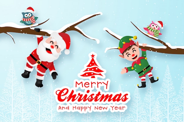 Modèle De Carte De Voeux Joyeux Noël Avec Le Père Noël Et Elf Suspendu à La Branche