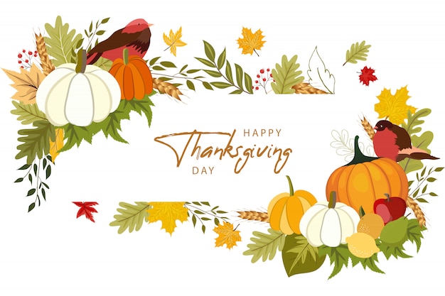 Modèle De Carte De Voeux Joyeux Thanksgiving Day Avec Des Légumes Et Des Feuilles Colorées.