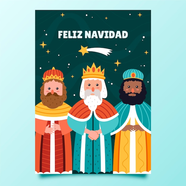 Vecteur modèle de carte de voeux plat feliz navidad reyes magos