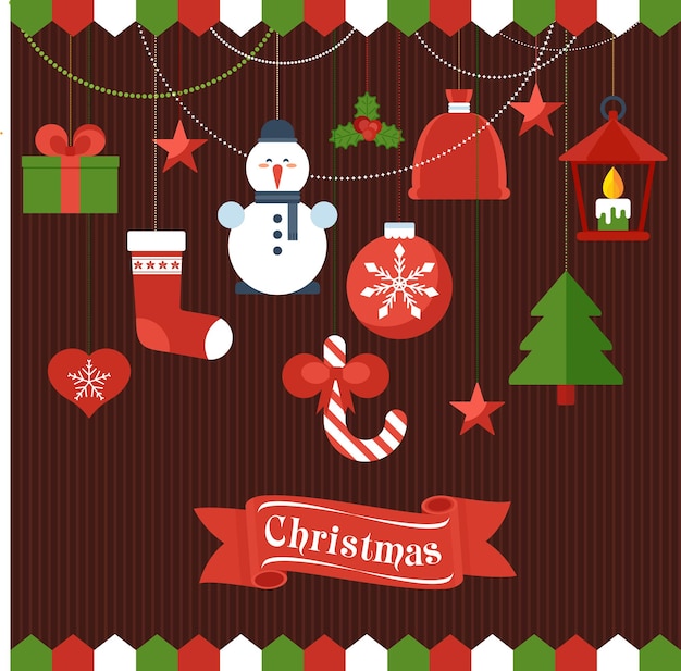 Modèle de carte de voeux pour Noël Jouets d'arbre de Noël accrochés au mur Illustration vectorielle plane