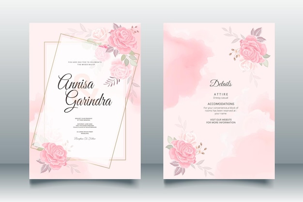 Vecteur modèle de cartes d'invitation de mariage élégant avec un design de roses roses et fard à joues vecteur premium