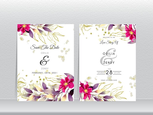 Modèle De Cartes D'invitation De Mariage élégant Fleur Et Feuilles