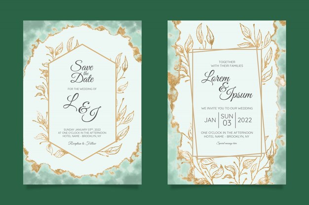 Modèle De Cartes D'invitation De Mariage Floral Avec Feuille D'or Aquarelle