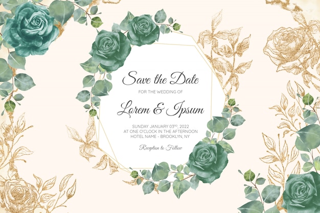 Modèle de cartes d'invitation de mariage floral avec feuille d'or aquarelle