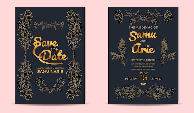 Modèle De Cartes D'invitation De Mariage De Luxe Avec Ligne De Fleurs Dorées