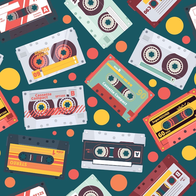 Modèle De Cassette Audio. Mixtape Stéréo Enregistrer Des éléments De Musique Style Funky Rétro Façonné Fond Sans Couture Fond D'écran De Danse Des Années 90. Modèle De Cassette Audio Illustration, Son De Bande De Musique à L'ancienne