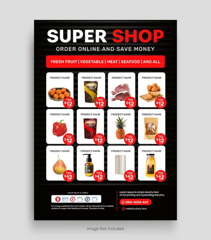Vecteur modèle de catalogue de prix de produits de supermarché de taille a4
