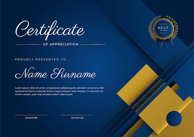 Modèle De Certificat D'appréciation Couleur Or Et Bleu Certificat Moderne Propre Avec Badge Or Modèle De Bordure De Certificat Avec Motif De Lignes De Luxe Et Moderne Modèle Vectoriel De Diplôme