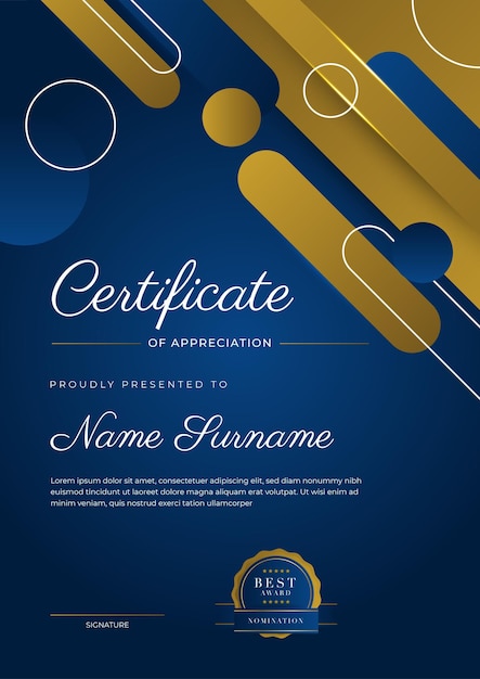 Modèle de certificat d'appréciation couleur or et bleu Certificat moderne propre avec badge or Modèle de bordure de certificat avec motif de lignes de luxe et moderne Modèle vectoriel de diplôme