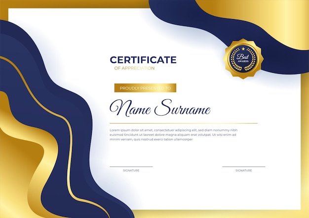 Modèle De Certificat De Diplôme Bleu Et Or élégant Avec Badge Et Bordure En Or