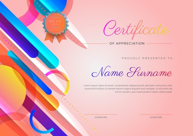 Modèle de certificat de diplôme coloré et élégant moderne Modèle de bordure de certificat de réussite avec badge de luxe et motif de ligne moderne Pour les besoins des entreprises et de l'éducation