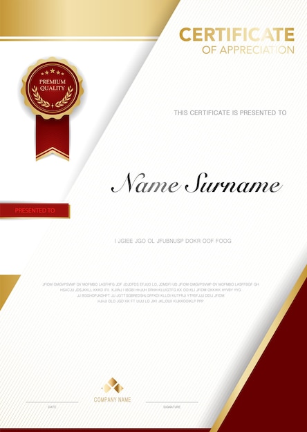 Modèle de certificat de diplôme couleur rouge et or avec image vectorielle de luxe et de style moderne adaptée