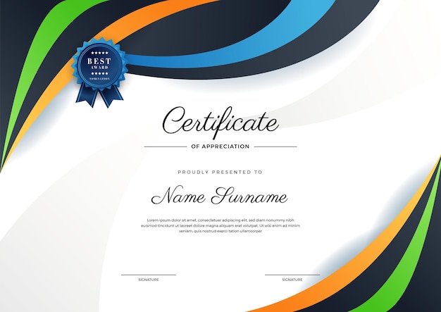 Modèle de certificat de diplôme élégant bleu orange et noir moderne Modèle de bordure de certificat de réussite avec insigne de luxe et motif de ligne moderne Pour les besoins des entreprises et de l'éducation