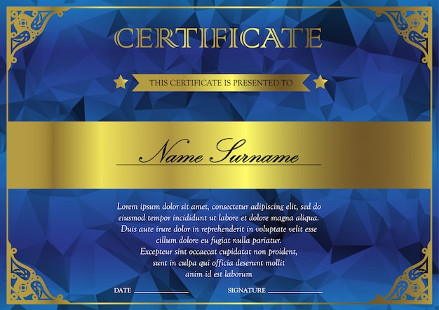 Modèle De Certificat Et Diplôme Horizontal Bleu Et Or Avec Vintage, Floral, En Filigrane Pour Le Gagnant De La Réussite. Blank Du Coupon De Récompense