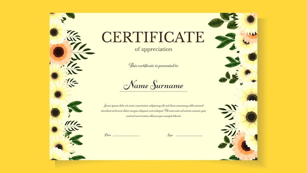 Modèle De Certificat Floral Modifiable Imprimable Avec De Jolies Fleurs épanouies Award Vector Illustration