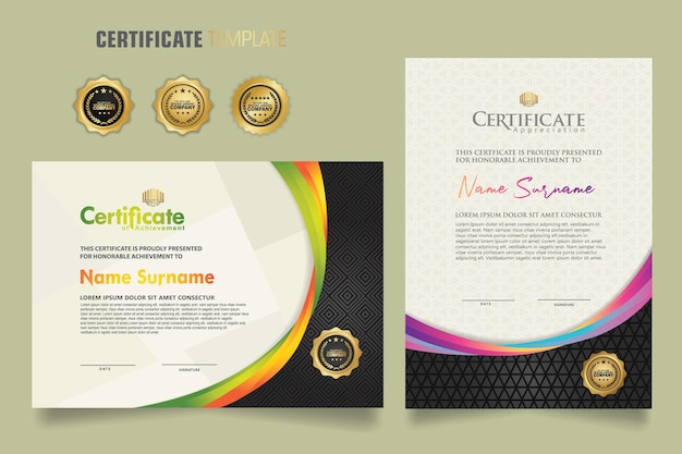 Modèle de certificat de luxe avec des couleurs dynamiques et attrayantes sur un ornement en forme de ligne courbe