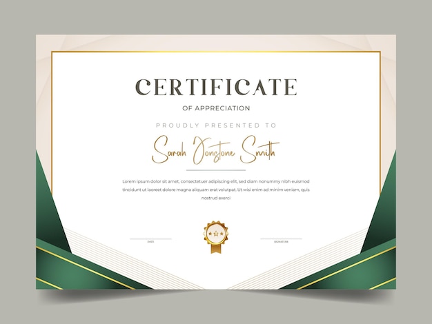 Modèle de certificat d'or élégant et moderne avec badge