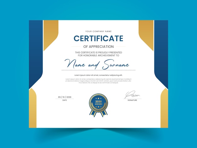 Modèle de certificat de récompense professionnelle de luxe bleu et or