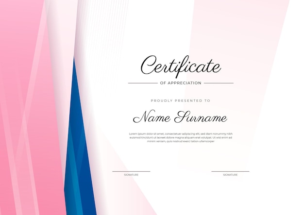 Modèle De Certificat De Réussite Moderne Et élégant Bleu Et Rose Avec Badge Et Bordure Conçu Pour L'école Universitaire De Commerce Et L'entreprise