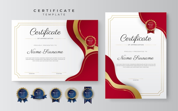 Modèle De Certificat De Réussite Moderne Et élégant Rouge Et Or Avec Insigne Et Bordure En Or