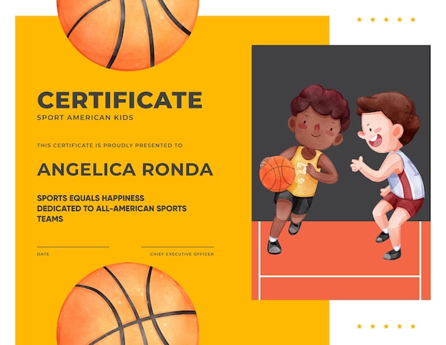 Vecteur modèle de certificat avec style conceptaquarelle pour enfants de sport américain