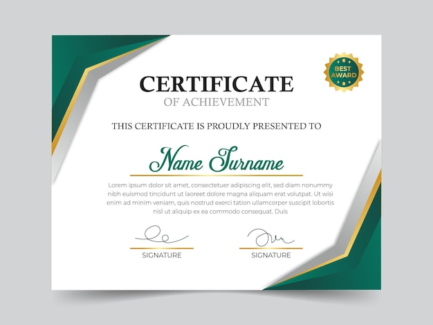 un modèle de certificat vert et doré pour un certificat de conception de certificat de vecteur d'attribution