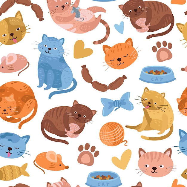 Modèle De Chaton Dessin Animé Chat Mignon Animal Fond Sans Couture Doodle Amusant Animaux De Compagnie Imprimer Textile Enfantin Ou Vétérinaire Illustration Vectorielle Exacte