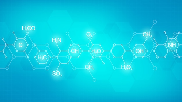 Modèle De Chimie Abstraite Sur Fond Vert Avec Des Formules Chimiques Et Des Structures Moléculaires. Modèle Avec Concept Et Idée Pour La Technologie De La Science Et De L'innovation.